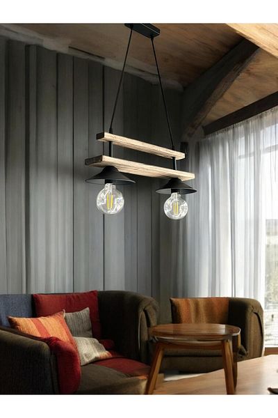 ONUR AVİZE Retro Rustic Walnut and Wood Detailed 2-piece Chandelier Set