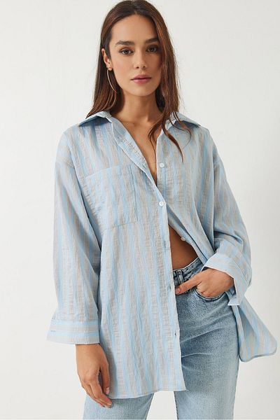 Bianco Lucci Cămașă oversize cu dungi cu un singur buzunar pentru femei 8368 60283103
