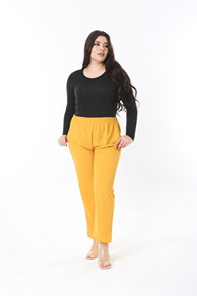 Şans Kadın Büyük Beden Hardal Beli Lastikli Yan Cepli Pantolon 65N38929