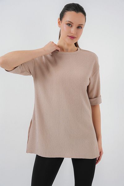 Bigdart 4332 Плетена тениска със странична цепка - Бисквита