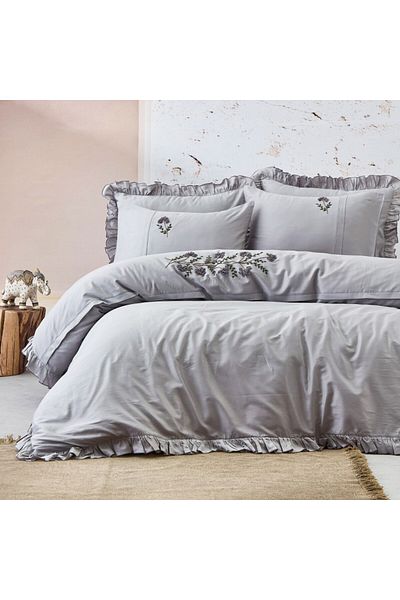 cotton club Lenjerie pat premium satin de lux cu broderie și volan, Issel Gri