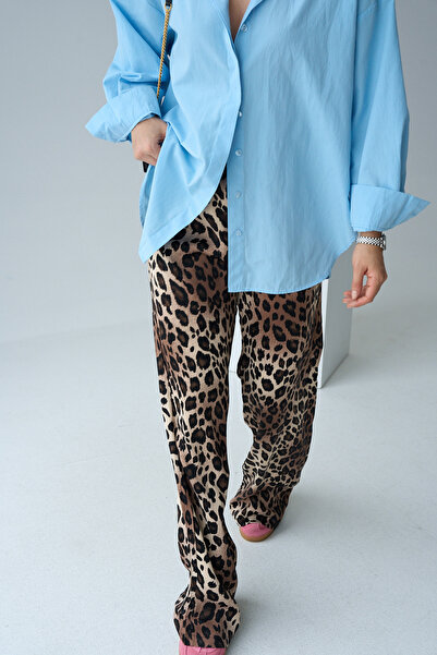 LOOSH Kadın Camel Leopar Desenli Geniş Kesim Uzun Saten Pantolon