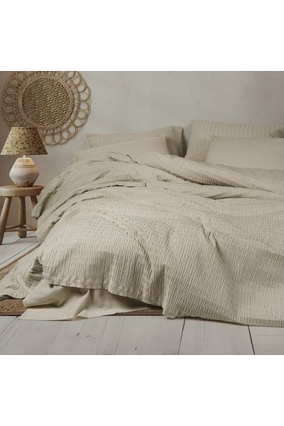 Cotton Box 6-piece double bed linen with pleated pattern, Cotton Box, Liny Sungai Beige