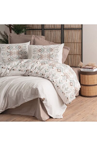 Cotton Box Double bed linen with tassels, 100% cotton ranforce, Cotton Box, Asilo Brown