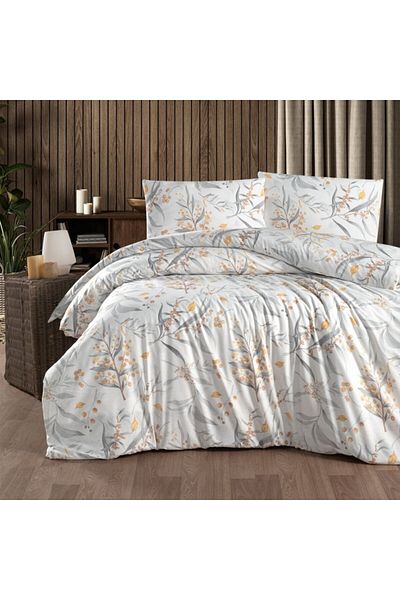 First Choice White bed linen with leaves, 100% cotton ranforce, 4 pieces, fitted sheet with elastic, Tegan Anthracite