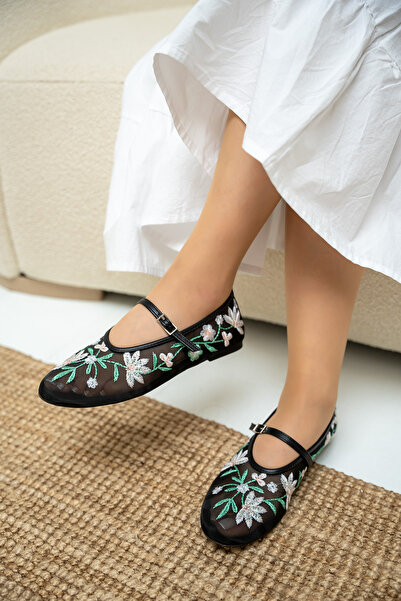 LAMİNTA Γυναικείες μπαλαρίνες Lalu Μαύρες Διαφανείς Κεντημένες