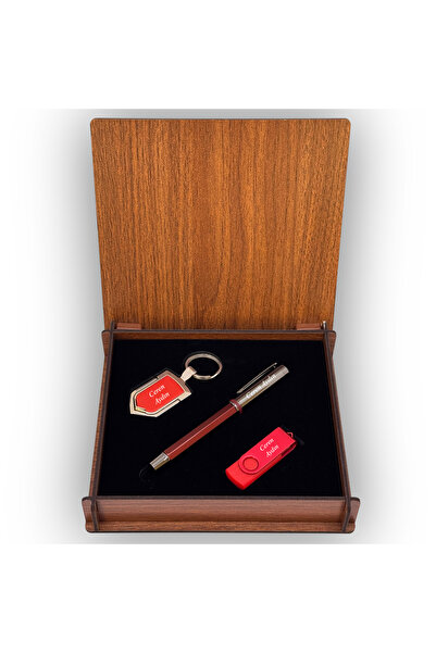 Kişiye Özel Hediye Seti - Kalem, USB Bellek ve Anahtarlık - Ahşap Kutu Hediyelik Set