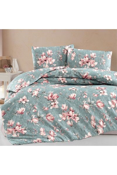 First Choice Green bed linen with pink magnolias, 100% cotton ranforce, 4 pieces, fitted sheet with elastic, Marea