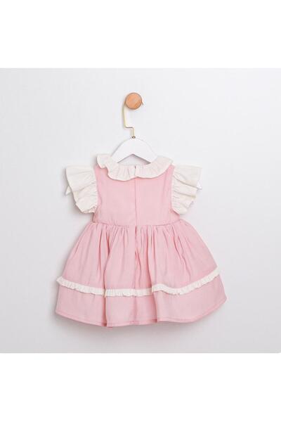 PİTABABY Amy - Volan Kollu, İşlemeli Pembe Beyaz Kız Bebek Elbisesi