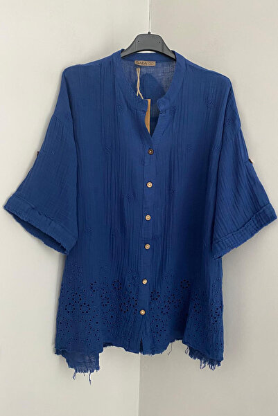 AYASOFYA OTANTIK Жіноча темно-синя сорочка з коміром-стійкою, мереживною обробкою та коротким рукавом, що складається, 100% бавовна