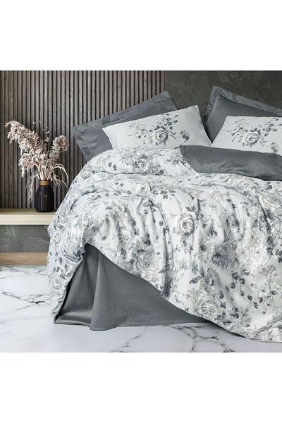 Cotton Box Luxury satin bed linen 6 pieces with flowers, Cotton Box, Soft Grey