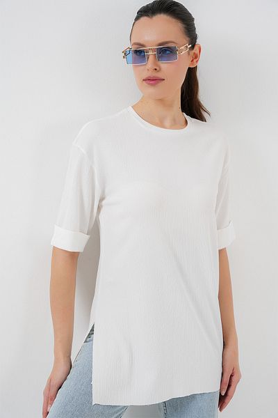 Bigdart 4332 Πλεκτό T-Shirt με σκισίματα στο πλάι - Λευκό
