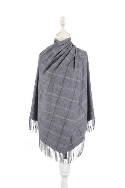 Bursa İpek Indigo Plaid Pattern Winter Shawl