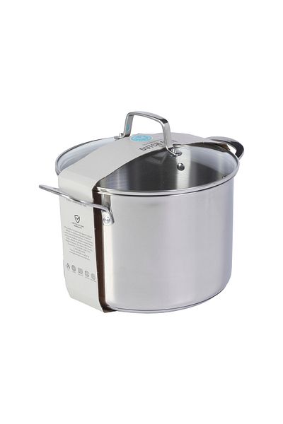 Martha Stewart Stock Pot W/ Tempered Glass Lid - Satin Int - Mirror Ext 8 Qt