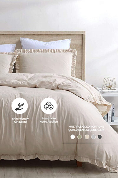Evlen Home Collection Cotton Stone Washed Frilly Duvet Cover Set 4 Piece Barella Soft Cappuccino