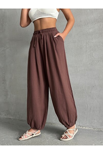 BEJNA Women's Brown Pocket Muslin Fabric Shalwar Trousers