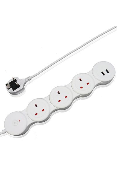 FlashHawk Adjustable 3-Ports UK Power Strip Extension Cord with 2 USB Ports 1.8m White