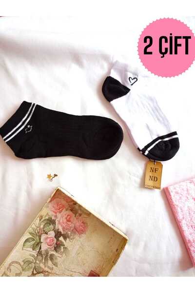 ENEFENDİ 2 Pairs of Toe Seamless Cotton Socks Short Toe Patterned Women's Booties Socks 36-40 Black White