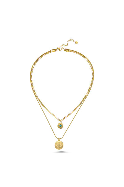 CHARMLUCKY ÇELİK GÖZ-TURKUAZ TAŞI 2Lİ KOLYE