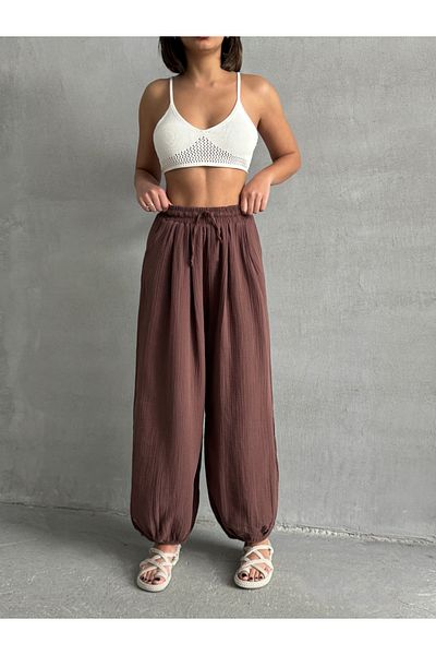 BEJNA Braune Shalwar-Hose aus Musselinstoff mit Taschen für Damen