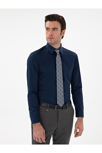 Cacharel Lacivert Slim Fit Klasik Yaka Basic Gömlek 50304037-VR033