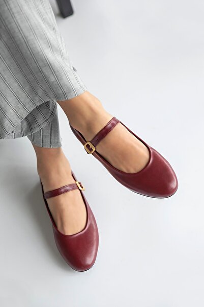 STRASWANS Hollie Women's Belt Detail Leather Ballerinas Claret Red