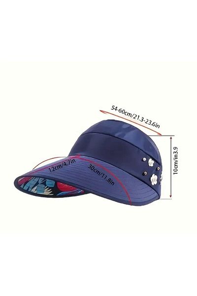 CosmoOutlet Navy Blue Color Visor Sun Hat with Flower and Pearl Bead Decoration Foldable Uv Protection