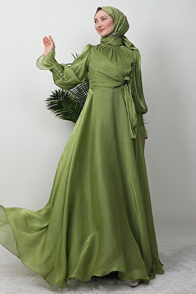 giz astore Fiyonk Detay İpek Abiye Fıstık Yeşil