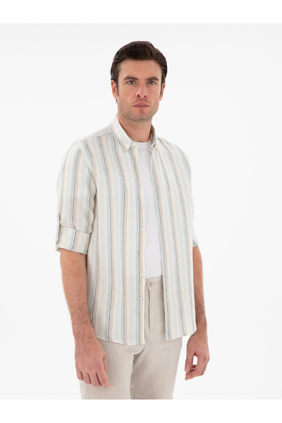 Cacharel Light Blue Slim Fit Striped Collar Buttoned 100% Linen Shirt 5030042...