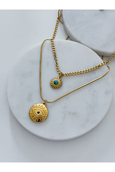 CHARMLUCKY ÇELİK GÖZ-TURKUAZ TAŞI 2Lİ KOLYE