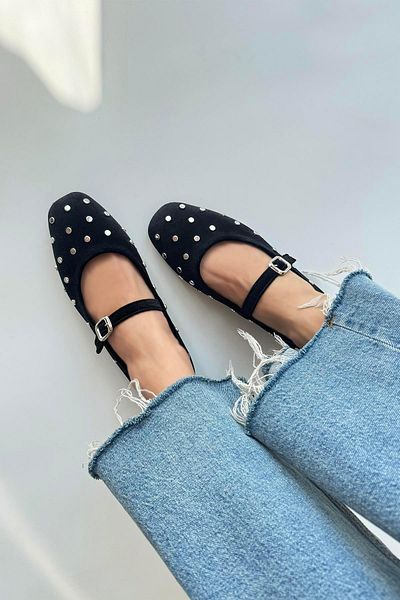 STRASWANS Azure Γυναικεία Drop Detail Velvet Ballerina Black