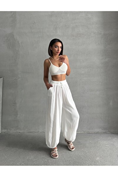 BEJNA Ecru Shalwar-Hose aus Musselinstoff mit Taschen für Damen