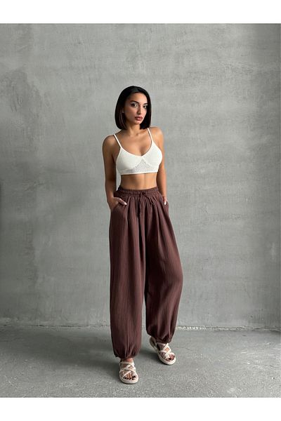 BEJNA Braune Shalwar-Hose aus Musselinstoff mit Taschen für Damen