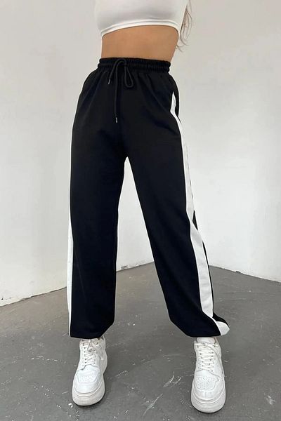 NO 601 Γυναικεία μαύρη φόρμα Slimfit Side Piece Λευκή Λεπτομερής Λαστιχένια Φούτερ
