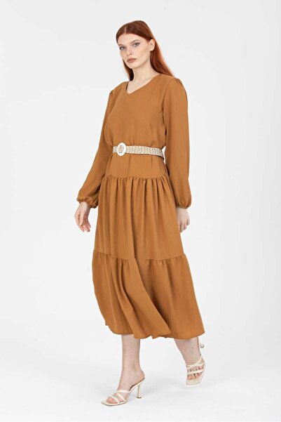 NAVY Μακρυμάνικο λινό φόρεμα με ζώνη