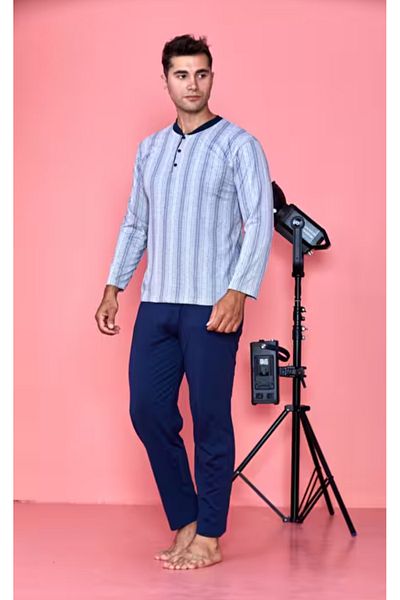 Sude Plaid Combed Men's Long Sleeve Pajama Suit