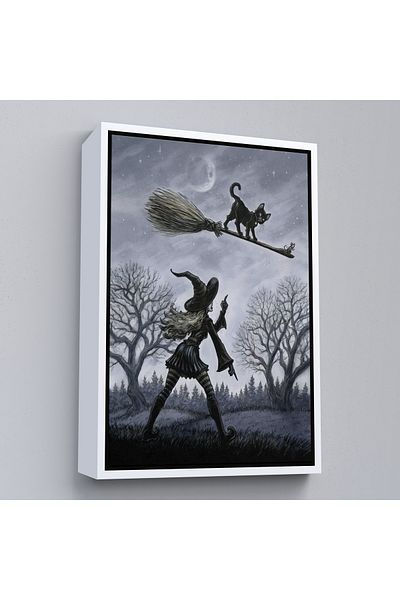 Harita Sepeti Painting Flying Black Cat with White Frame Witch Broomstick, Witches Halloween