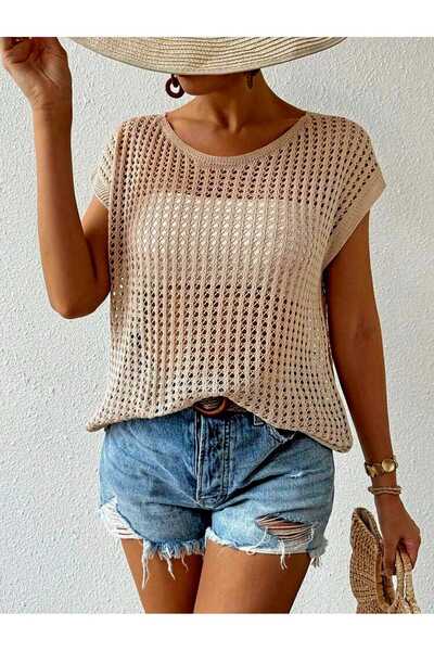 Gülçin Coşkun Boat Neck Openwork Pattern Off Shoulder 100% Cotton Women's Knitwear Sweater