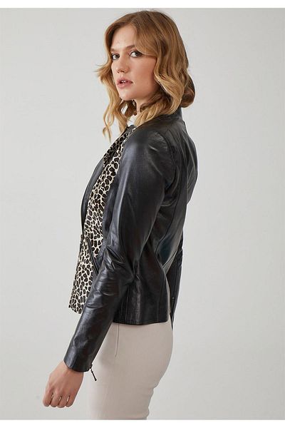 Deriderim Black Leopard Women's Lined Biker Genuine Leather Jacket