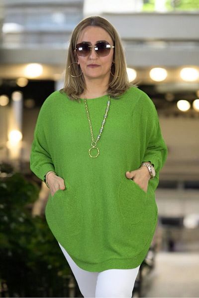 yagmurberen Bat Sleeve Double Pocket Boat Neck Oval Cut Large Size Italian Mercerized Bluz Sweater.