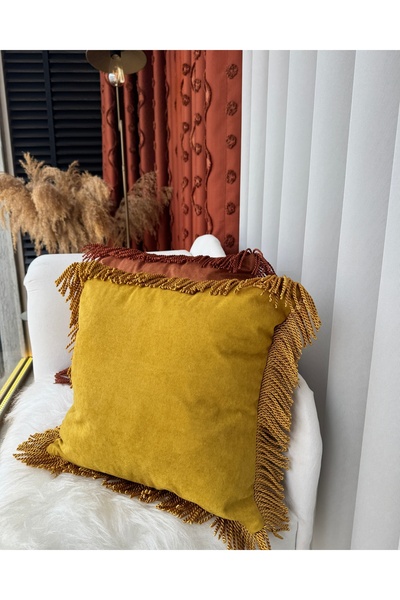 AYDINDOKUMA Ruby Tasseled Velvet Fabric Throw Pillow Cover Fringed Gold