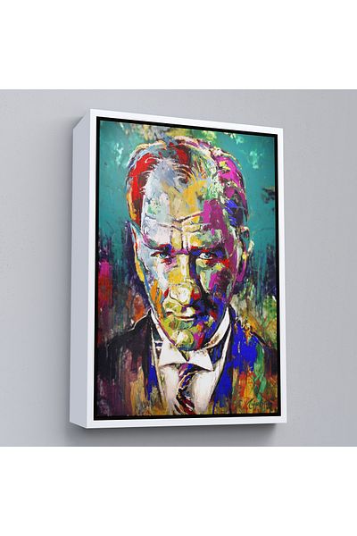 Harita Sepeti Colorful Mustafa Kemal Atatürk Painting with White Frame