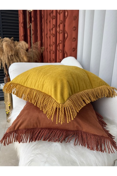 AYDINDOKUMA Ruby Tasseled Velvet Fabric Throw Pillow Cover Fringed Gold