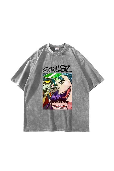 Sekizbiraltı Λευκό μπλουζάκι με στάμπα Gorillaz Oversize Unisex Washable