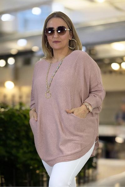 yagmurberen Bat Sleeve Double Pocket Boat Neck Oval Cut Large Size Italian Mercerized Bluz Sweater.