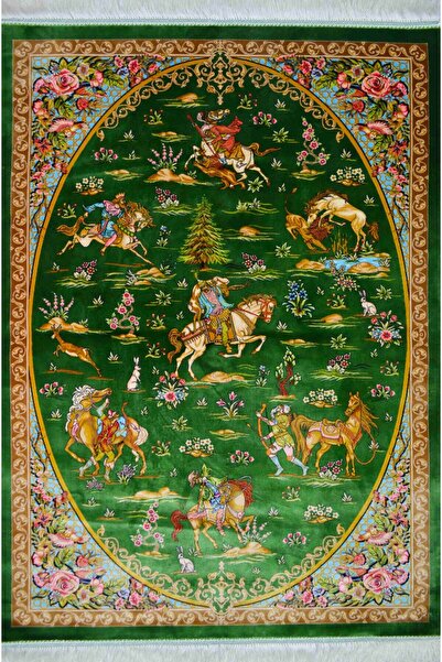 Quality Bambu İplikten Dokuma Av Sahnesi Tasvirli Yeşil Renk İran Duvar Halısı (80x120 cm)