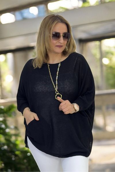 yagmurberen Bat Sleeve Double Pocket Boat Neck Oval Cut Large Size Italian Mercerized Bluz Sweater.