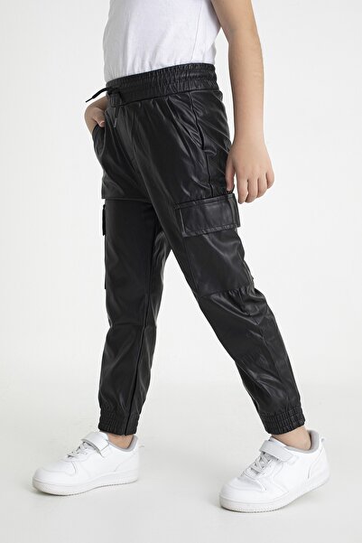 Neslice in İstanbul Kız Çocuk Siyah Kargo Cepli Deri Pantolon