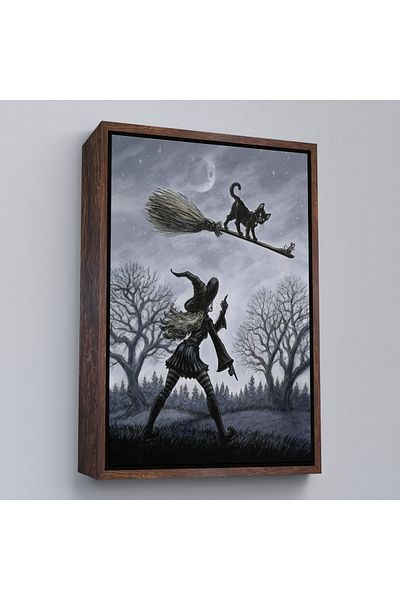 Harita Sepeti Painting Flying Black Cat with White Frame Witch Broomstick, Witches Halloween
