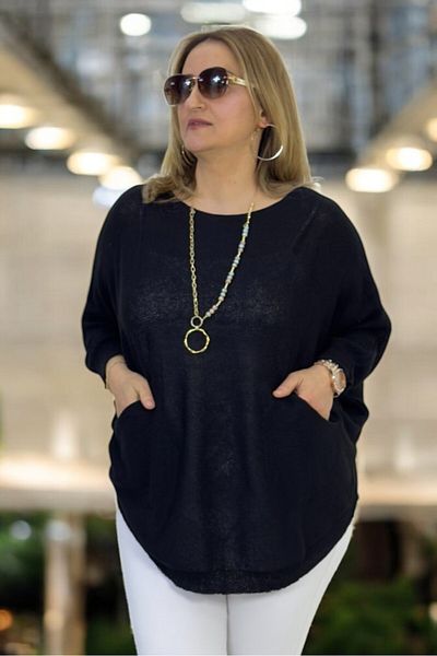 yagmurberen Bat Sleeve Double Pocket Boat Neck Oval Cut Large Size Italian Mercerized Bluz Sweater.